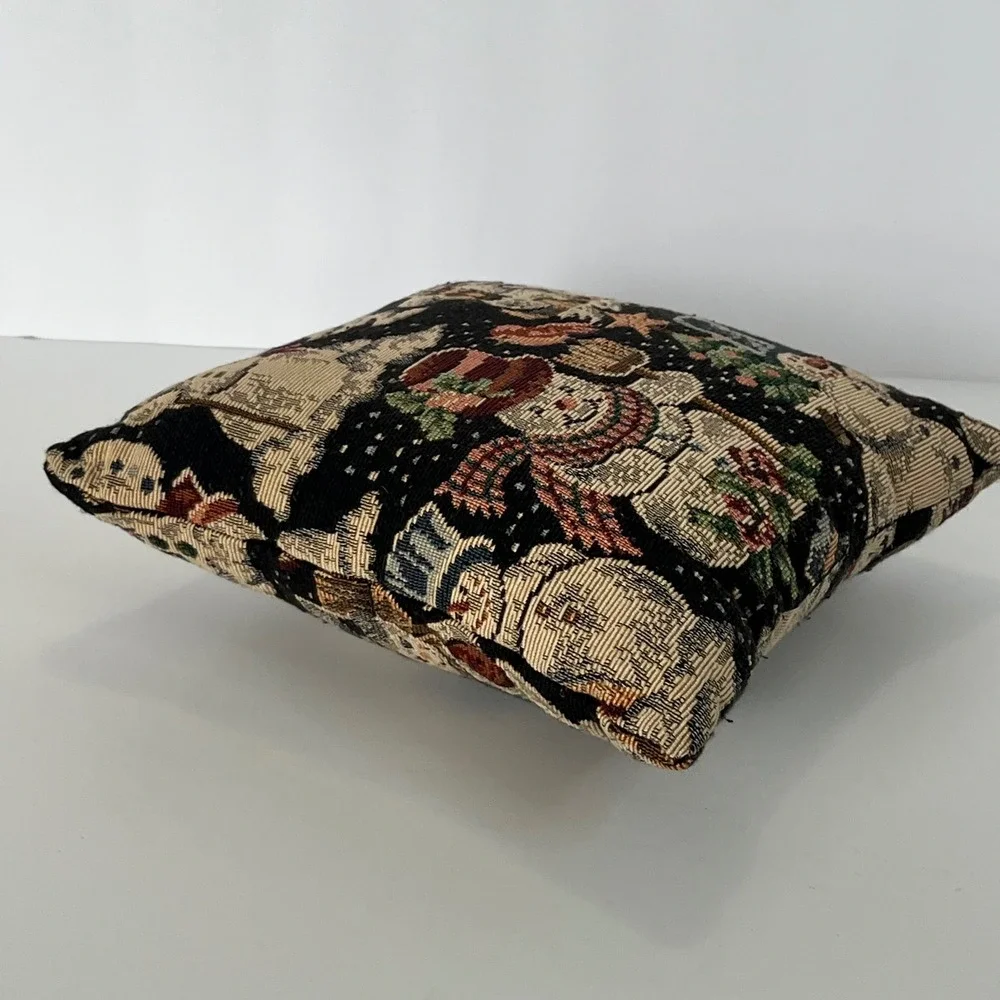 Vtg Christmas Snowman Woven Tapestry Decorative Throw Pillow 9x9 Winter Decor